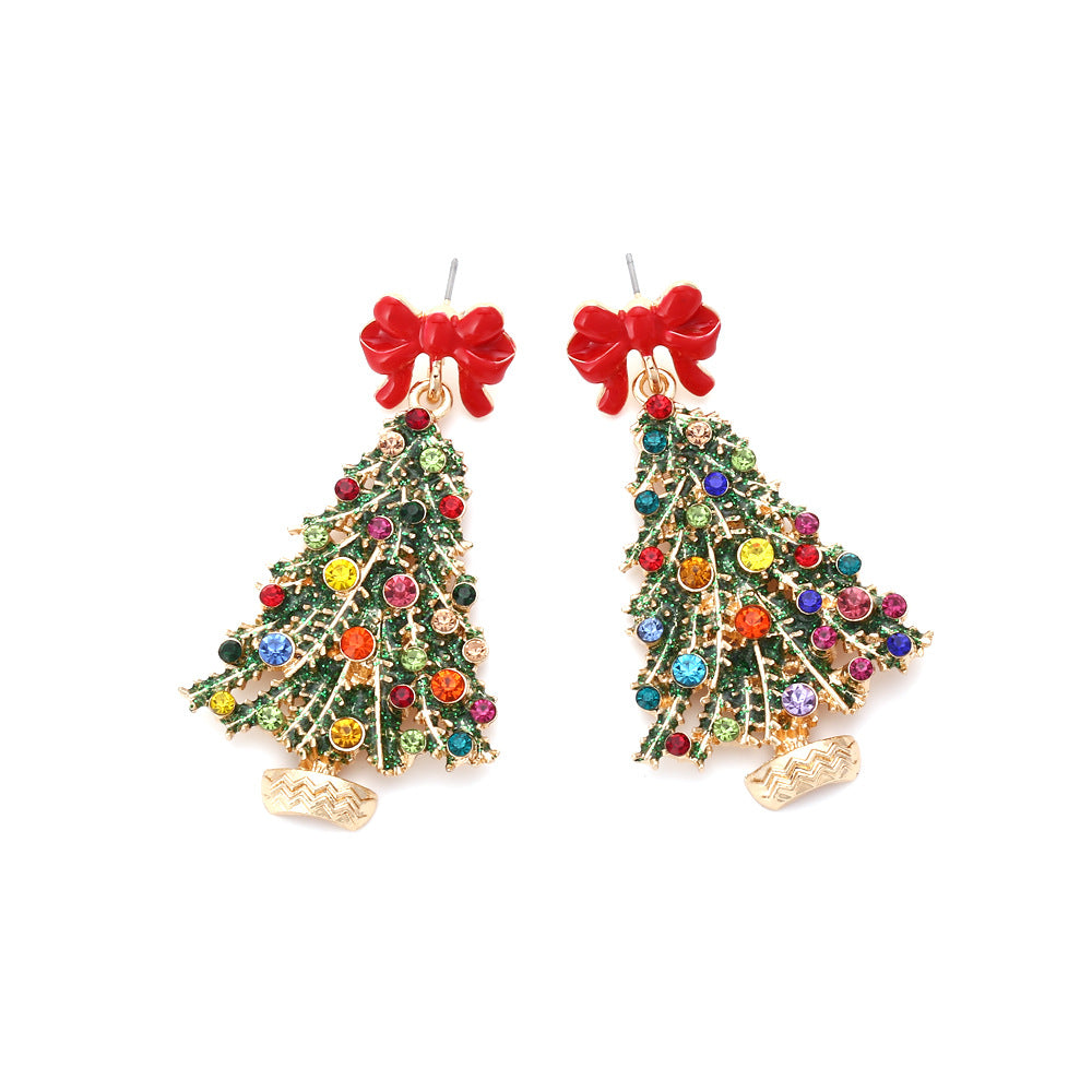 Wholesale Alloy Drip Oil Bow Christmas Tree Colored Diamond Earrings