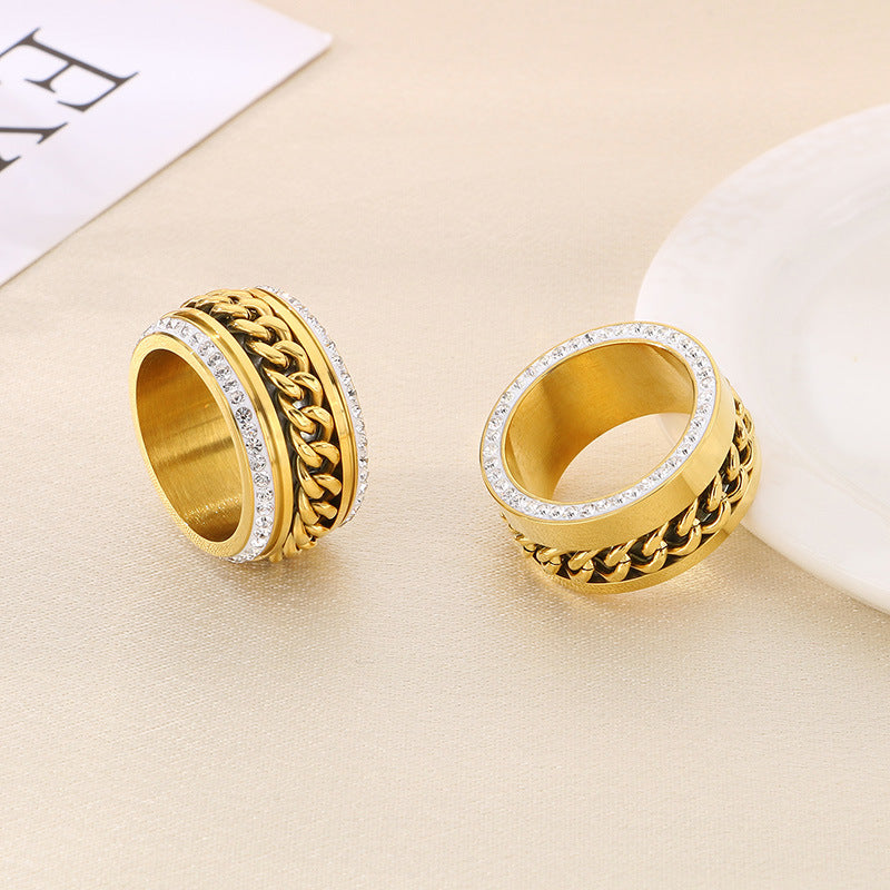 Wholesale Fashion Hip-hop Side Diamond Chain Atmospheric Gold Wide Face Full Diamond Stainless Steel Rings