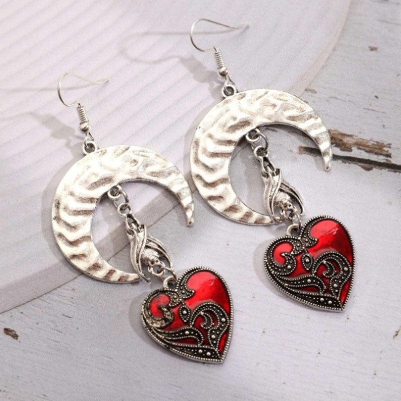 Wholesale Silver Moon Bat Red Heart Vintage Gothic Earrings