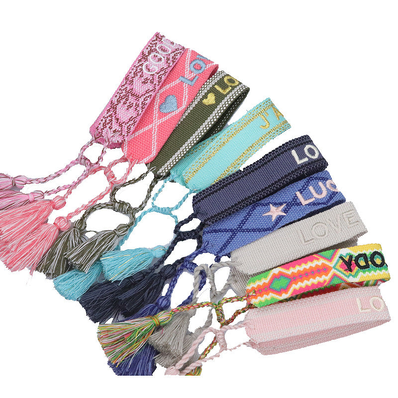 Wholesale Woven Tassel Bracelet with Letter Embroidery
