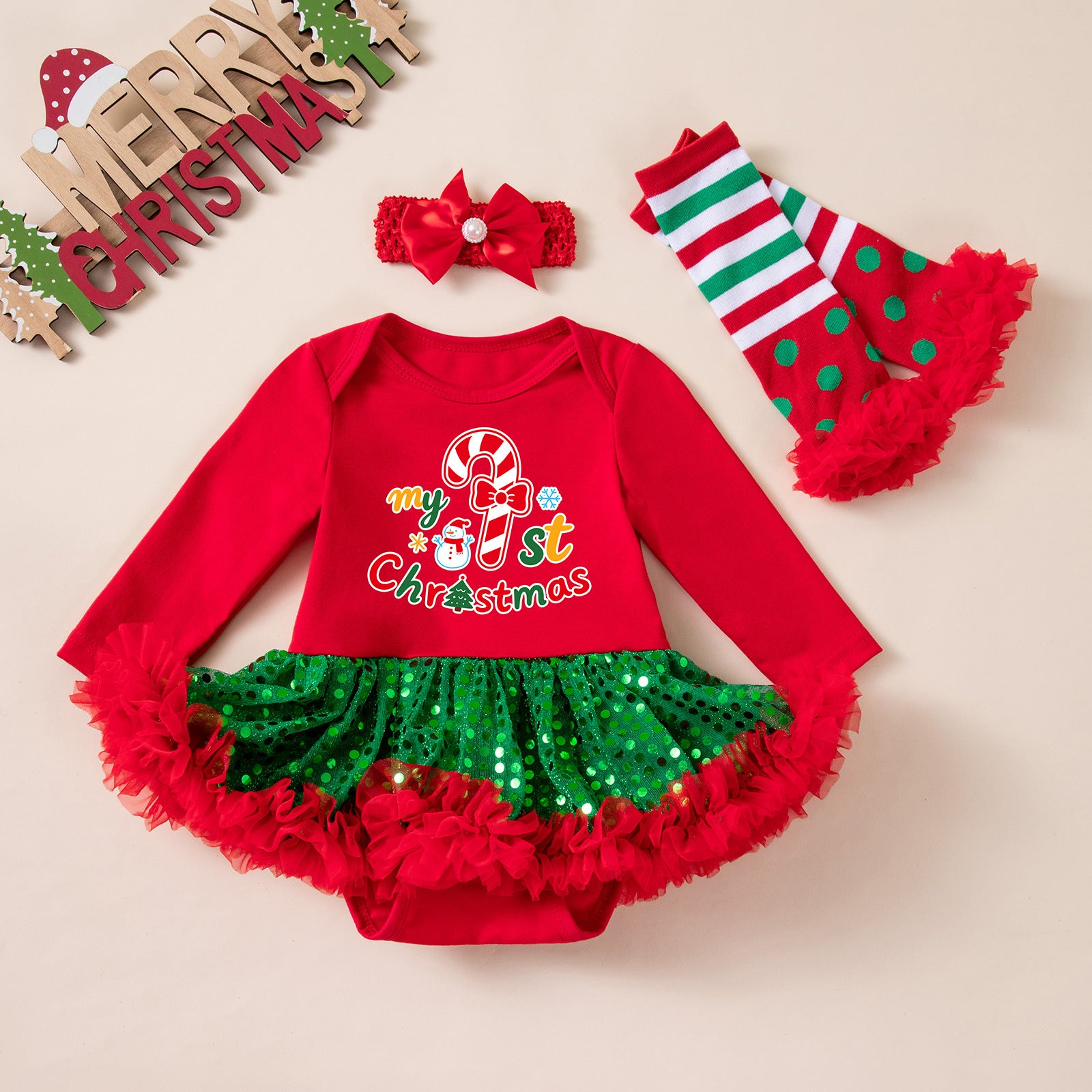 Wholesale Red Long Sleeve Sequin Tulle Baby Girl Christmas Dress Set With Hairband Leg Warmers Boutique Holiday Outfit