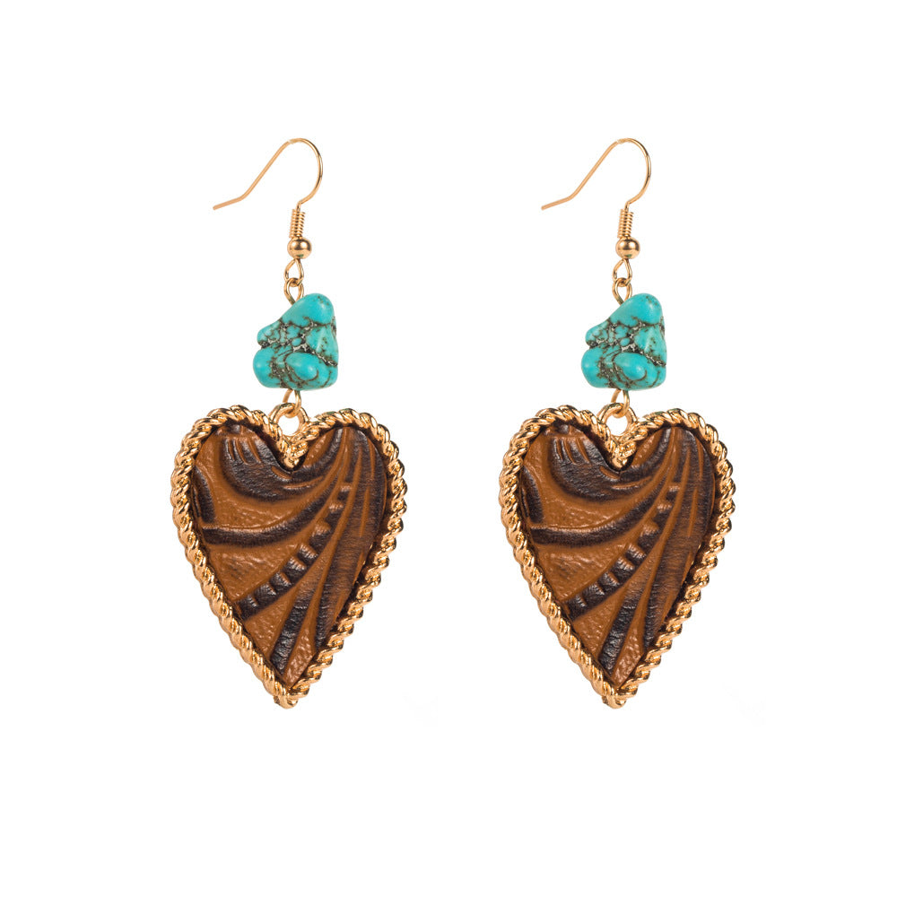 Wholesale Leather print and turquoise heart earrings