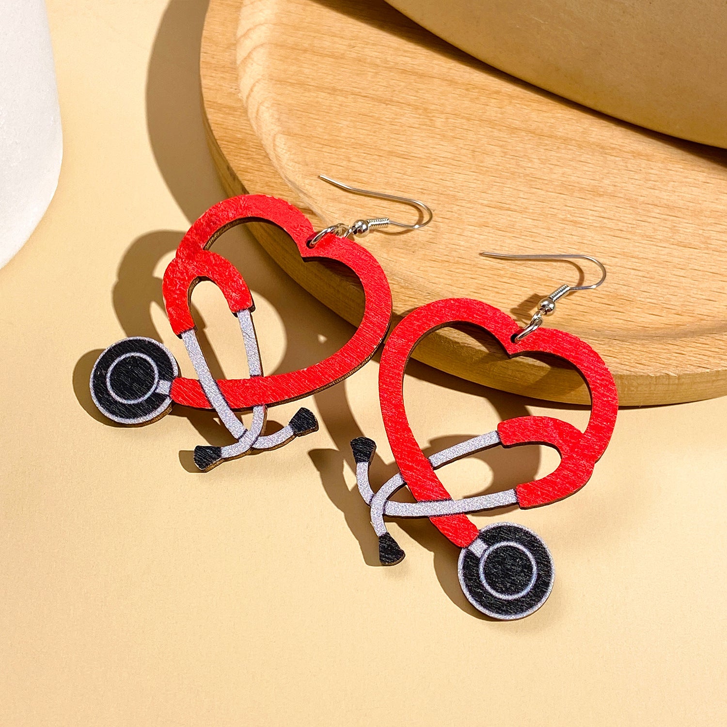 Wholesale Color Stethoscope Shaped Wooden Heart Earrings