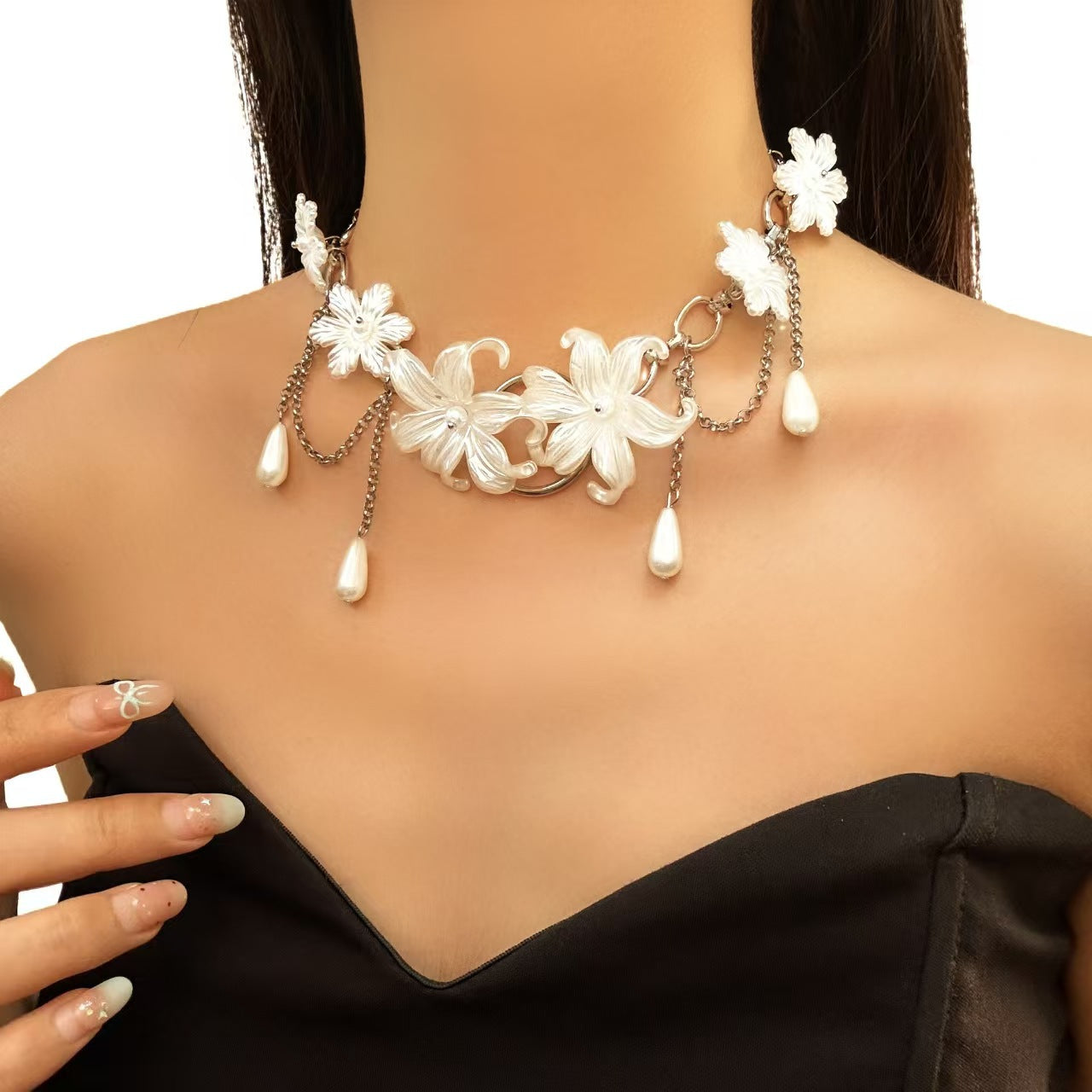 Wholesale White flower pearl circular multi-layered necklace