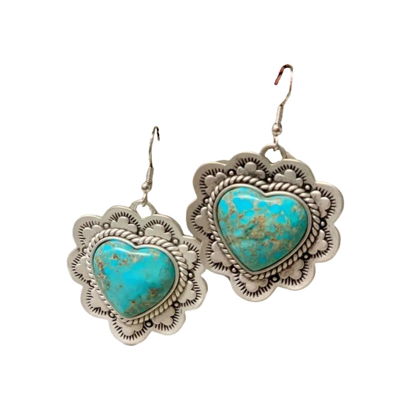 Wholesale Vintage Heart Turquoise Alloy Earrings Western Ethnic Carved Women S Fashion Accessory