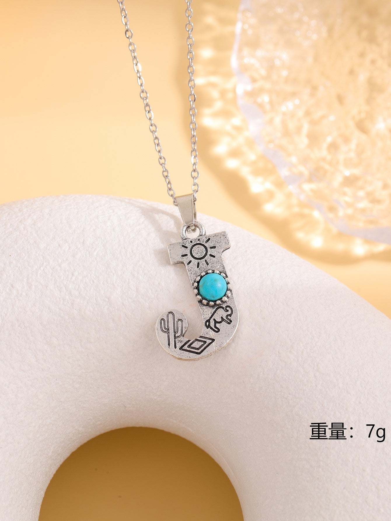 Wholesale Western stainless steel chain cactus turquoise letter necklace