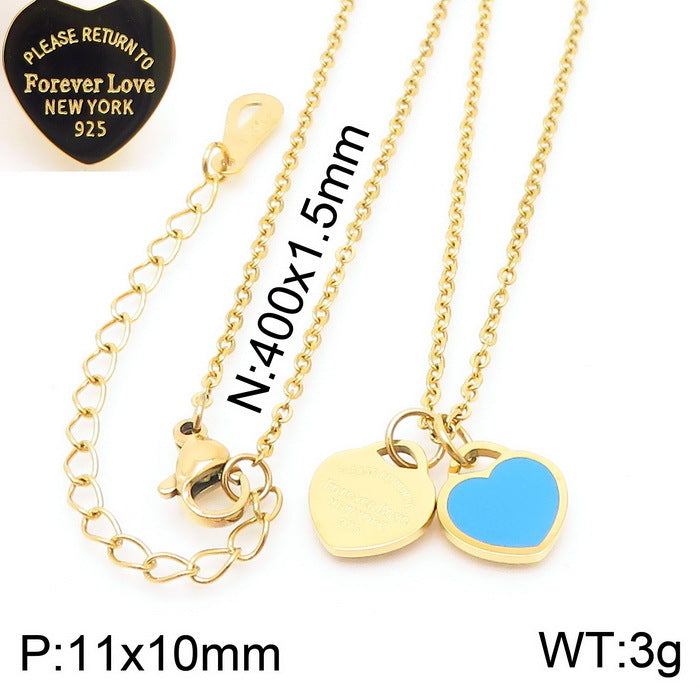 Wholesale 18K Gold-plated Heart-shaped Open Glossy Clavicle Chain Multi-color Epoxy Titanium Steel Ring Set