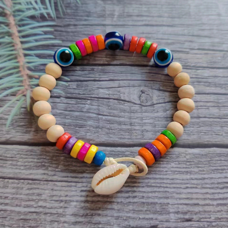 Wholesale Devil's Eye Colored Wood Beads Natural Shell Bracelet Rope