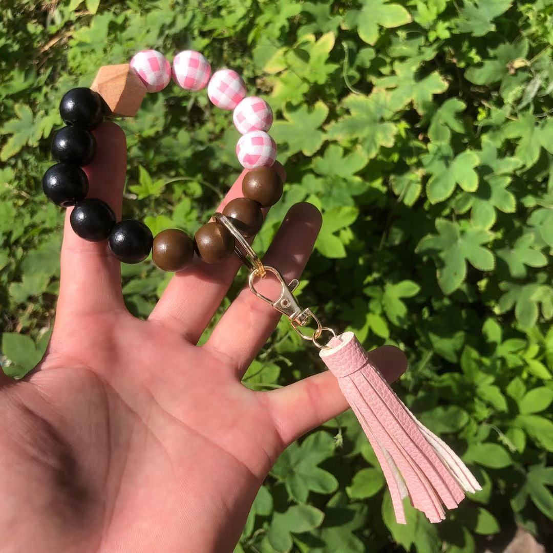 Wholesale Christmas Wooden Beads Plaid Leopard Print PU Tassel Bracelet Keychain