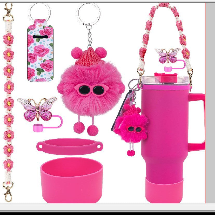 Wholesale Plush pendant butterfly straw hat cup sleeve cup chain accessories