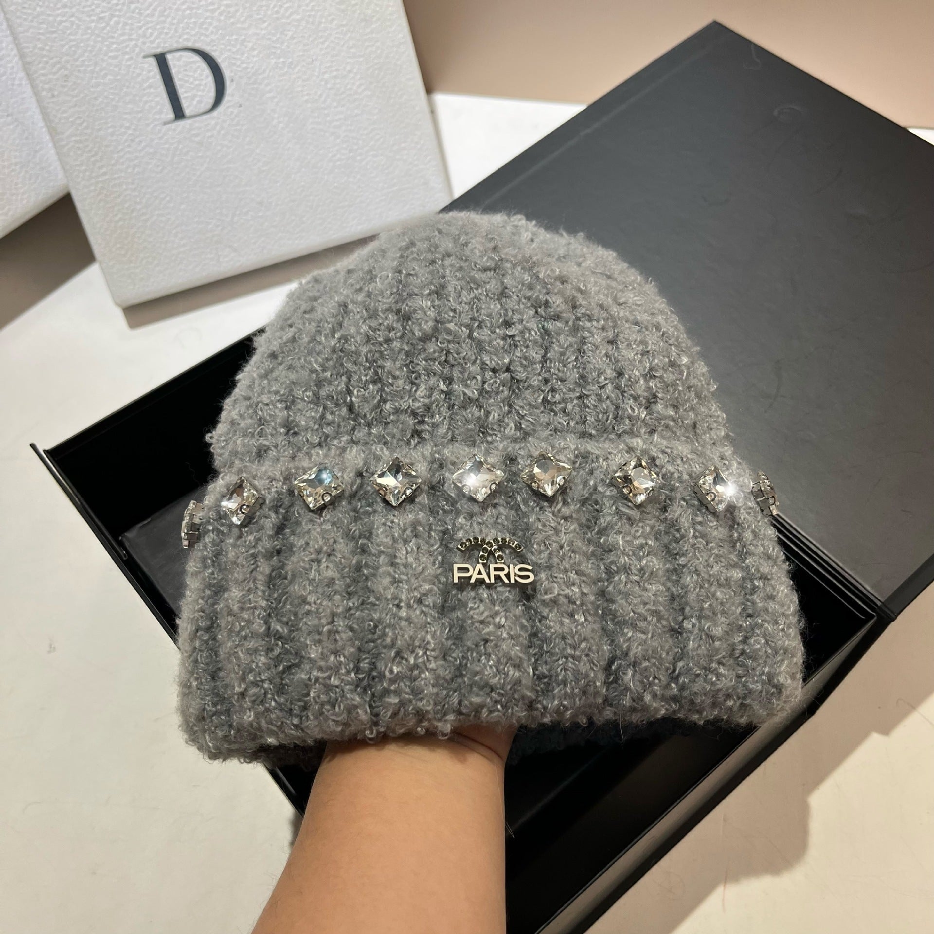 Wholesale Thick Warm Teddy Curl Cute Rhinestone Knitted Hat