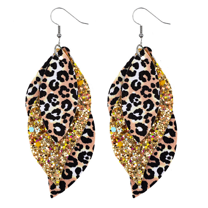 Wholesale S-Shaped Leather Earrings Leopard Print Earrings Sequin Ear Pendants