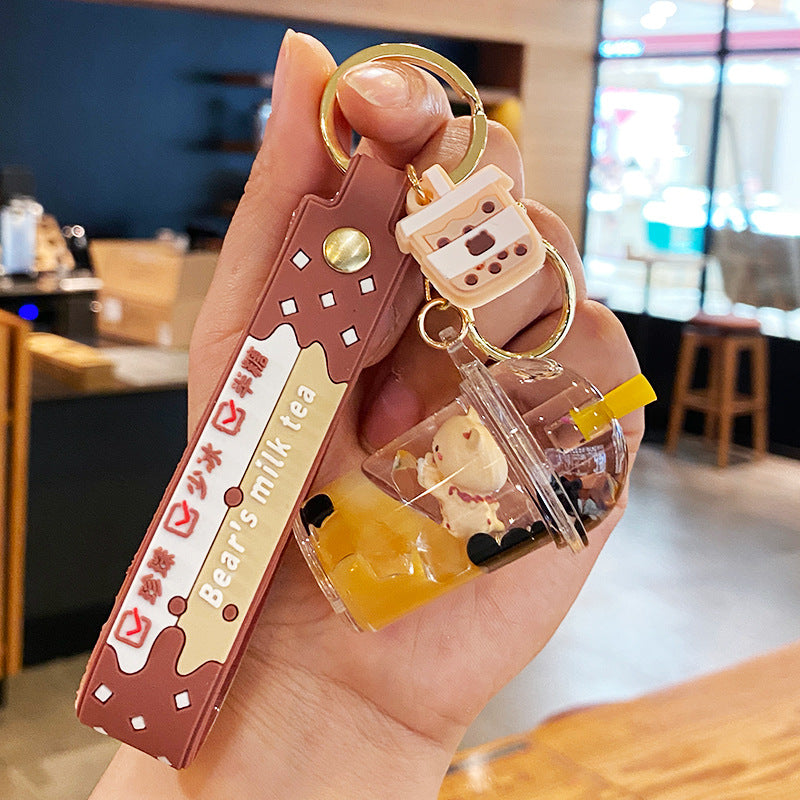 Wholesale Milk tea bear quicksand keychain exquisite cute schoolbag pendant