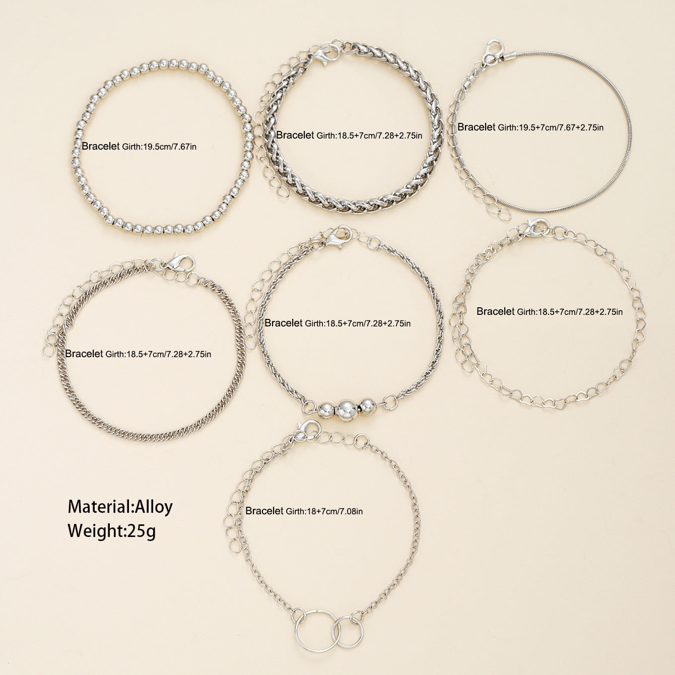 Wholesale Simple ins double ring chain bracelet 7-piece set