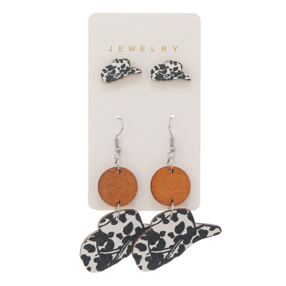 Wholesale Western Style Cow Pattern Cowboy Hat Wooden Earrings