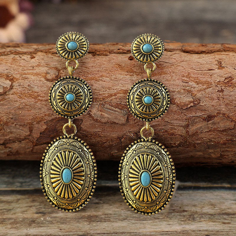 Wholesale Retro Ethnic Style Golden Pumpkin Flower Inlaid Turquoise Long Alloy Earrings