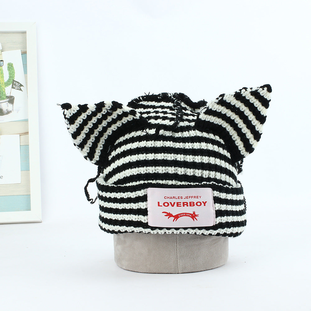 Wholesale Autumn and Winter Pig Ears Color Block Striped Knitted Acrylic Beanie