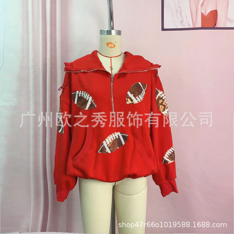 Wholesale Spring and Autumn Rugby Sequin Patchwork Hooded European and American Zipper Drawstring Long Sleeved Women Clothes