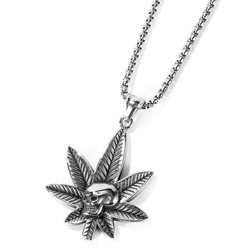 Wholesale Hip Hop Sweater Chain Maple Leaf Stainless Steel Skull Necklace