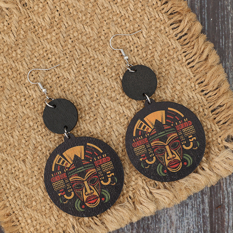 Wholesale Geometric Printed Pharaonic Image Vintage Wooden Earrings