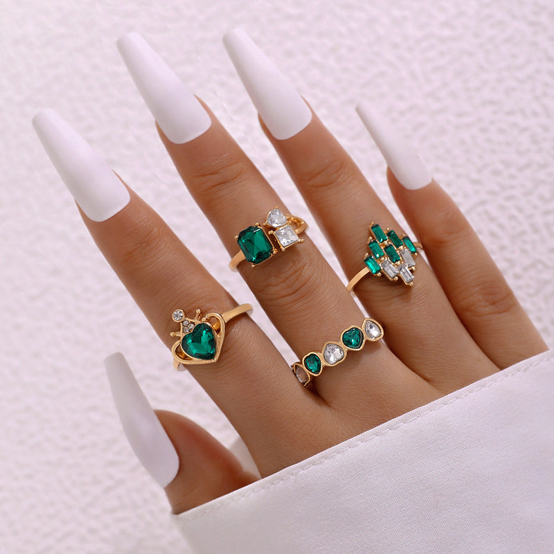 Wholesale Emerald Diamond Love Palm Alloy Ring Set