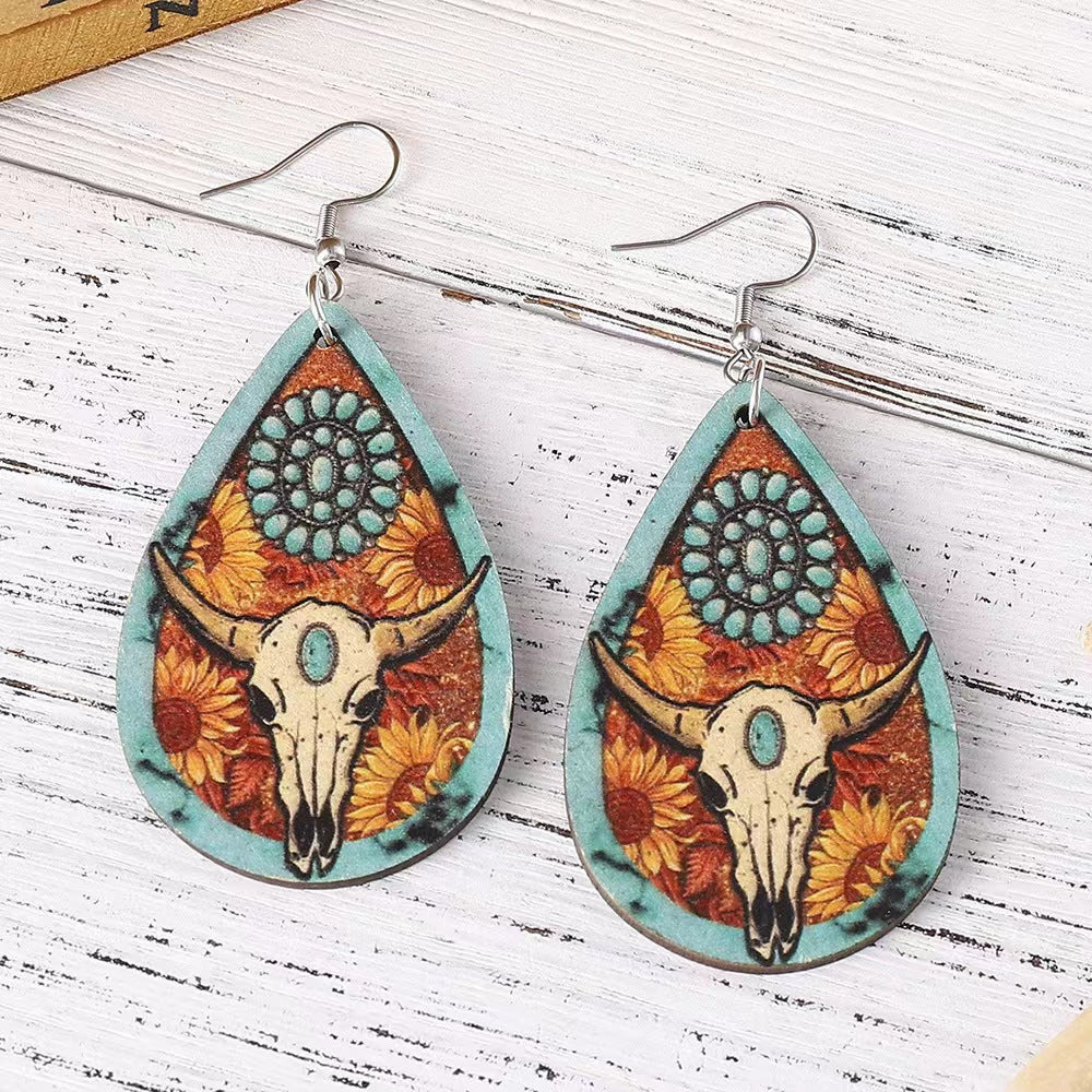 Wholesale Bull head print teardrop earrings