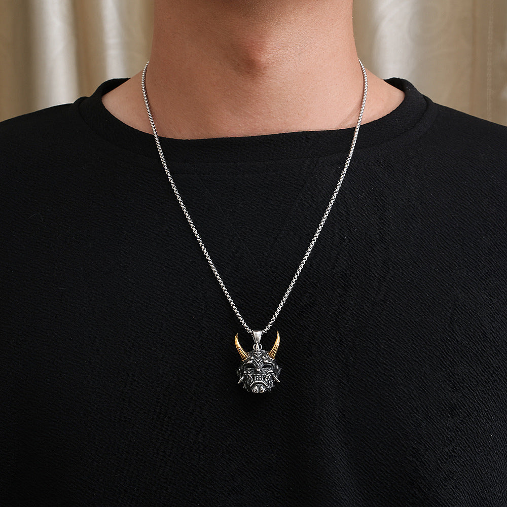 Wholesale ghost samurai mask necklace retro hip-hop style Golden Horn prajna pendant stainless steel men's sweater chain