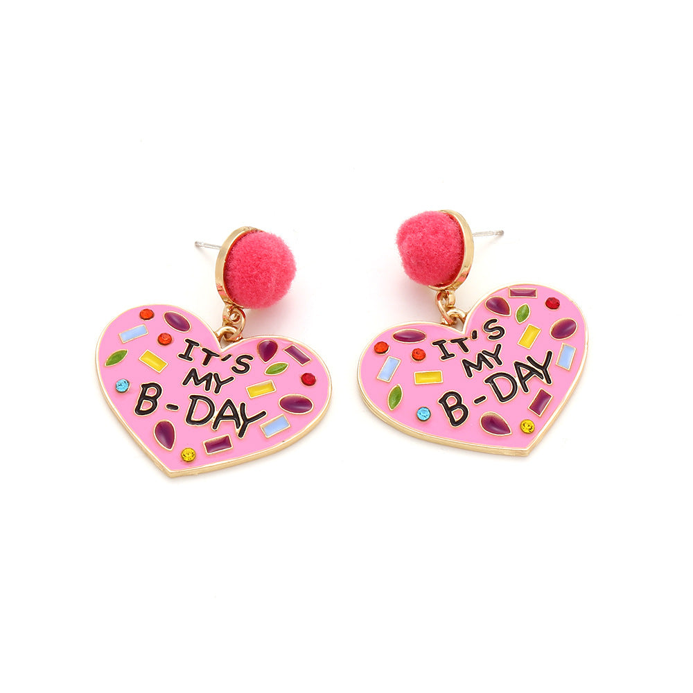 Wholesale My Birthday Colorful Diamond Enamel Heart-shaped Hair Ball Zinc Alloy Earrings