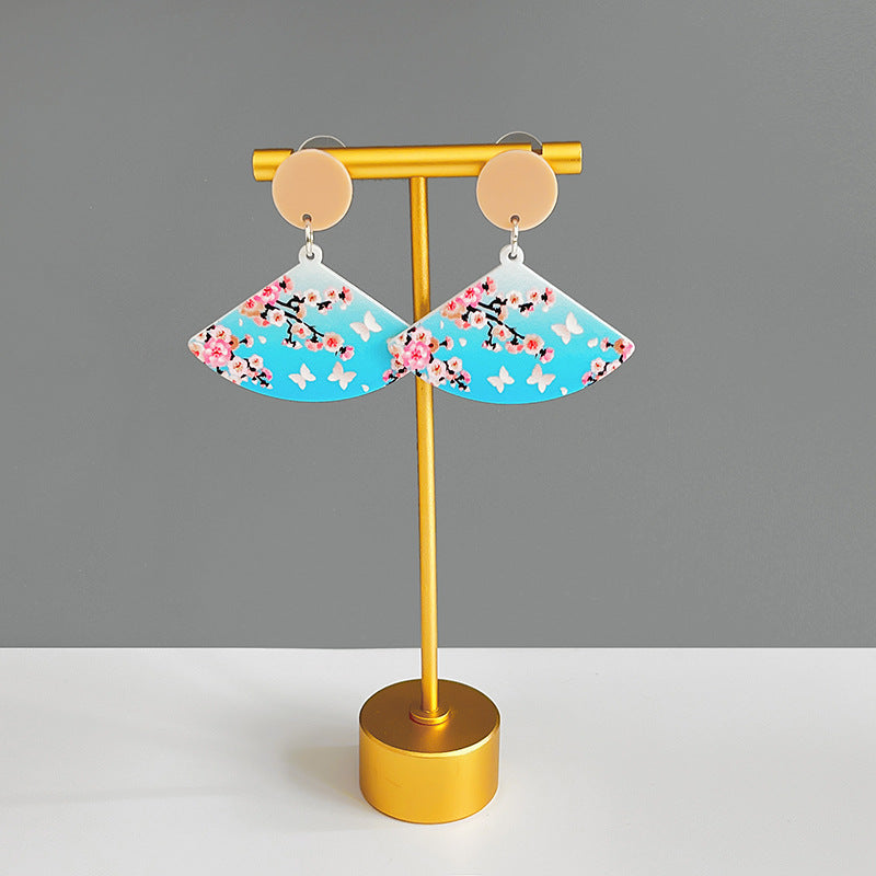 Wholesale Silver Needle Retro Cartoon Ink Painting Flower Fan Earrings