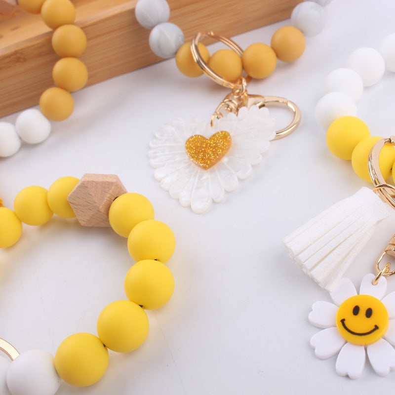Wholesale Cartoon Sunflower Silicone Beaded Wrist Keychain