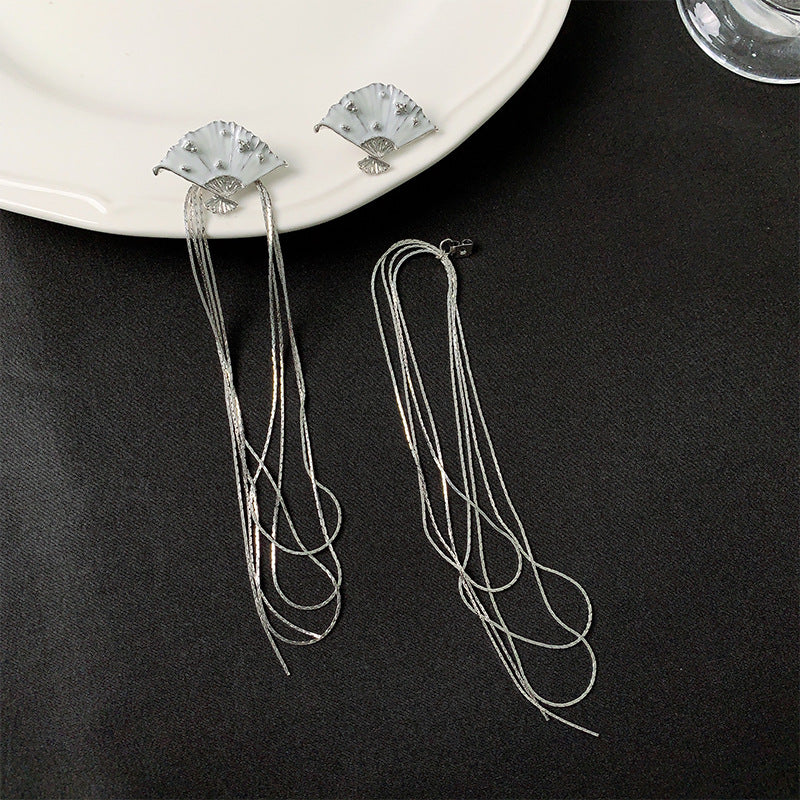 Wholesale Design Enamel Fan Tassel New Chinese Style Retro Temperament Personality Earrings Ear Studs