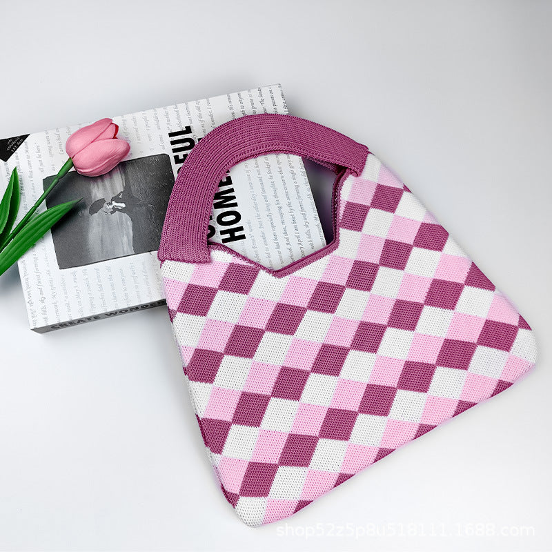 Wholesale Small solid color diamond woven bag, waffle texture knitted bag, checkerboard shoulder bag