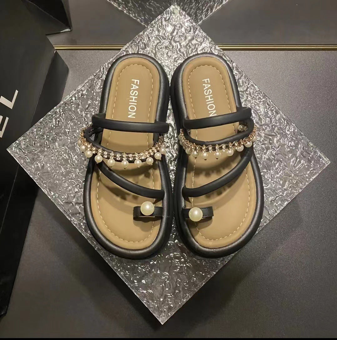 Wholesale Toe Pearl Chain Thick Sole Versatile Sandals