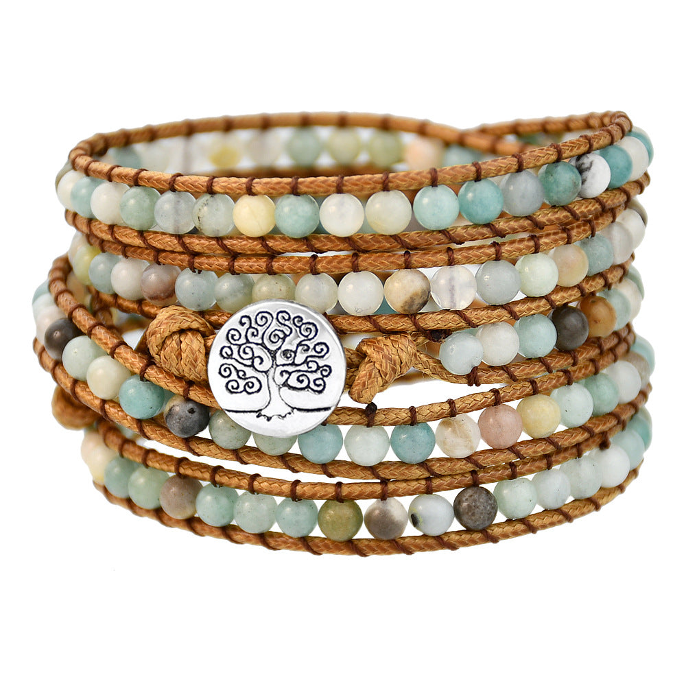 Wholesale Bohemian stone round bead woven 5-layer bracelet