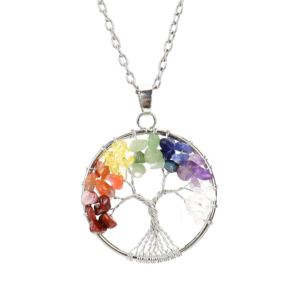Wholesale Silver Hand-wound Colorful Crystal Gravel Tree of Life Necklace