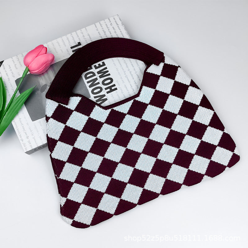Wholesale Small solid color diamond woven bag, waffle texture knitted bag, checkerboard shoulder bag