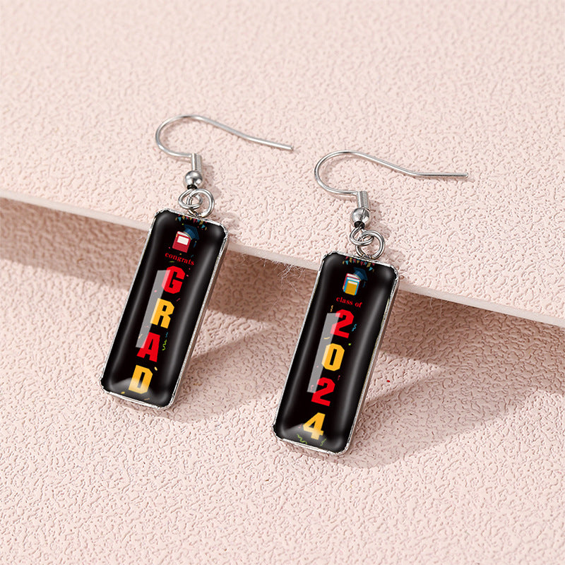 Wholesale graduation season letters school Carnival rectangular pendant glass earrings