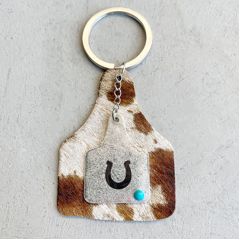 Wholesale Western Turquoise Metal Cow Brand Cactus Horseshoe Bull Head Anti-lost Device Creative West Leather Keychains
