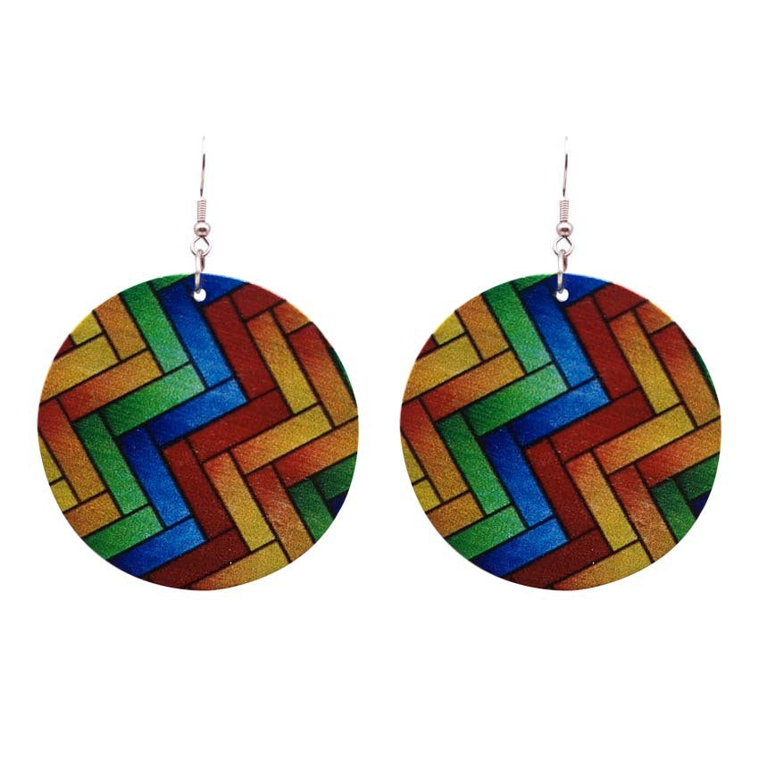Wholesale African Head Print Colorful Round Wooden Earrings