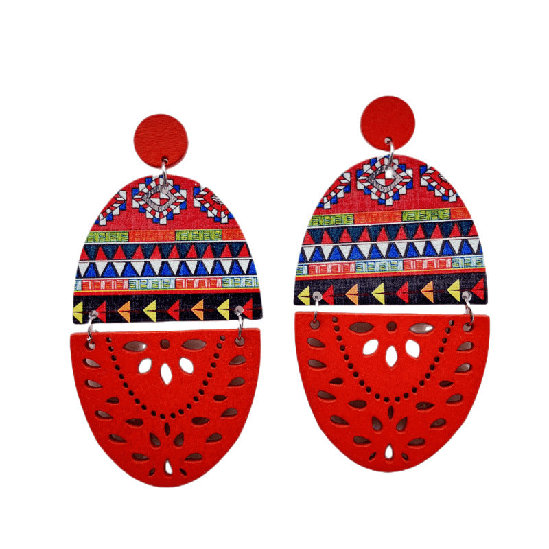 Wholesale Retro Exaggerated Wood Print Hollow Earrings