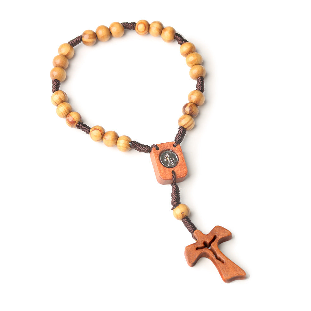 Wholesale Easter Natural Wooden Cross Rosary Bracelet 8mm Pine Beads