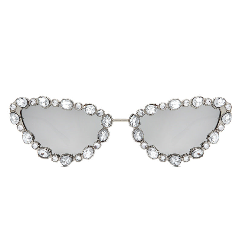 Wholesale Cat Eye Diamond Inlaid Metal Triangle Handmade Diamond PC Sunglasses