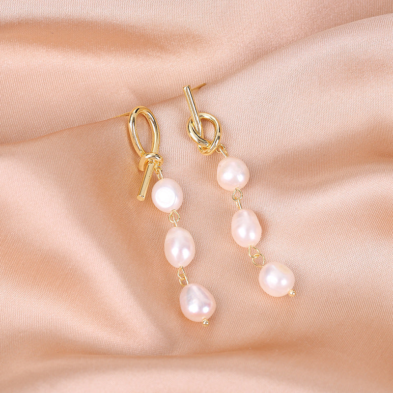 Wholesale Baroque Natural Freshwater Pearl Knotted Irregular Alloy Earrings