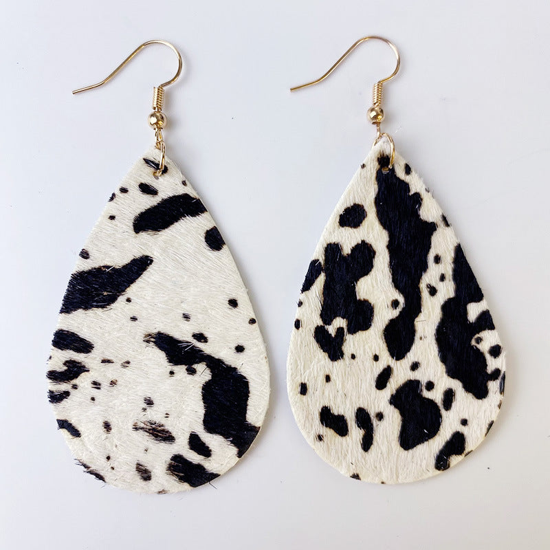Wholesale 2pcs Cow Grain Leather Top Layer Cowhide Round Water Droplet Cow Head Retro Horsehair Quality Texture Fashionable Earrings