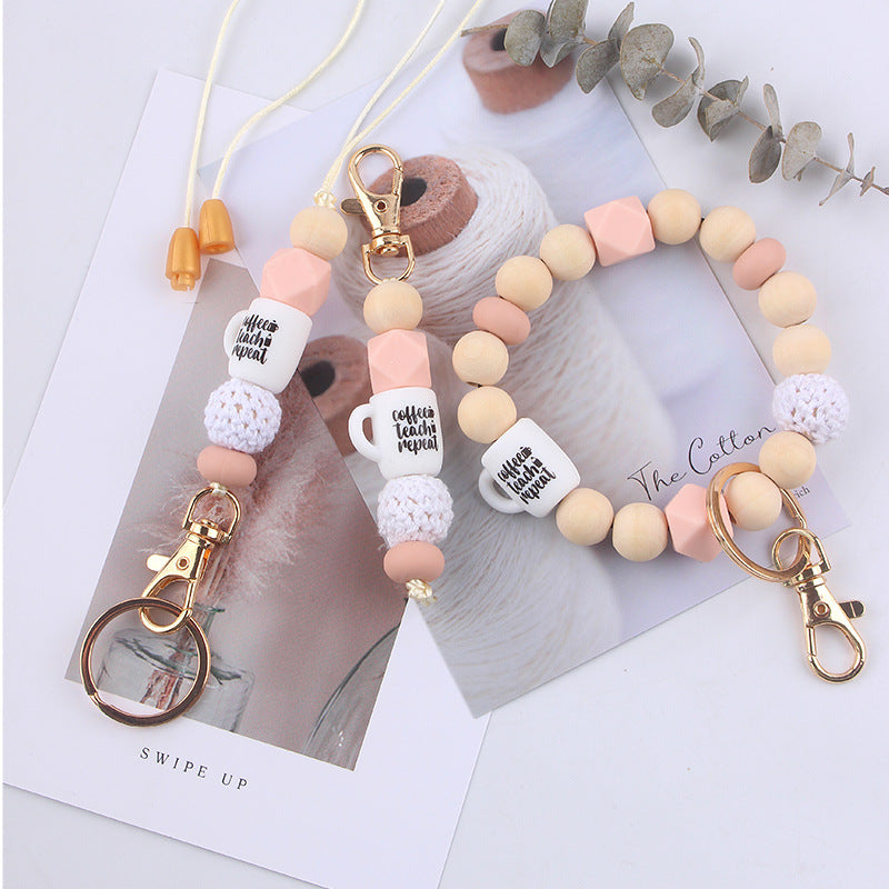 Wholesale Wooden Bead Wrist Pendant DIY Beaded Keychain Ring