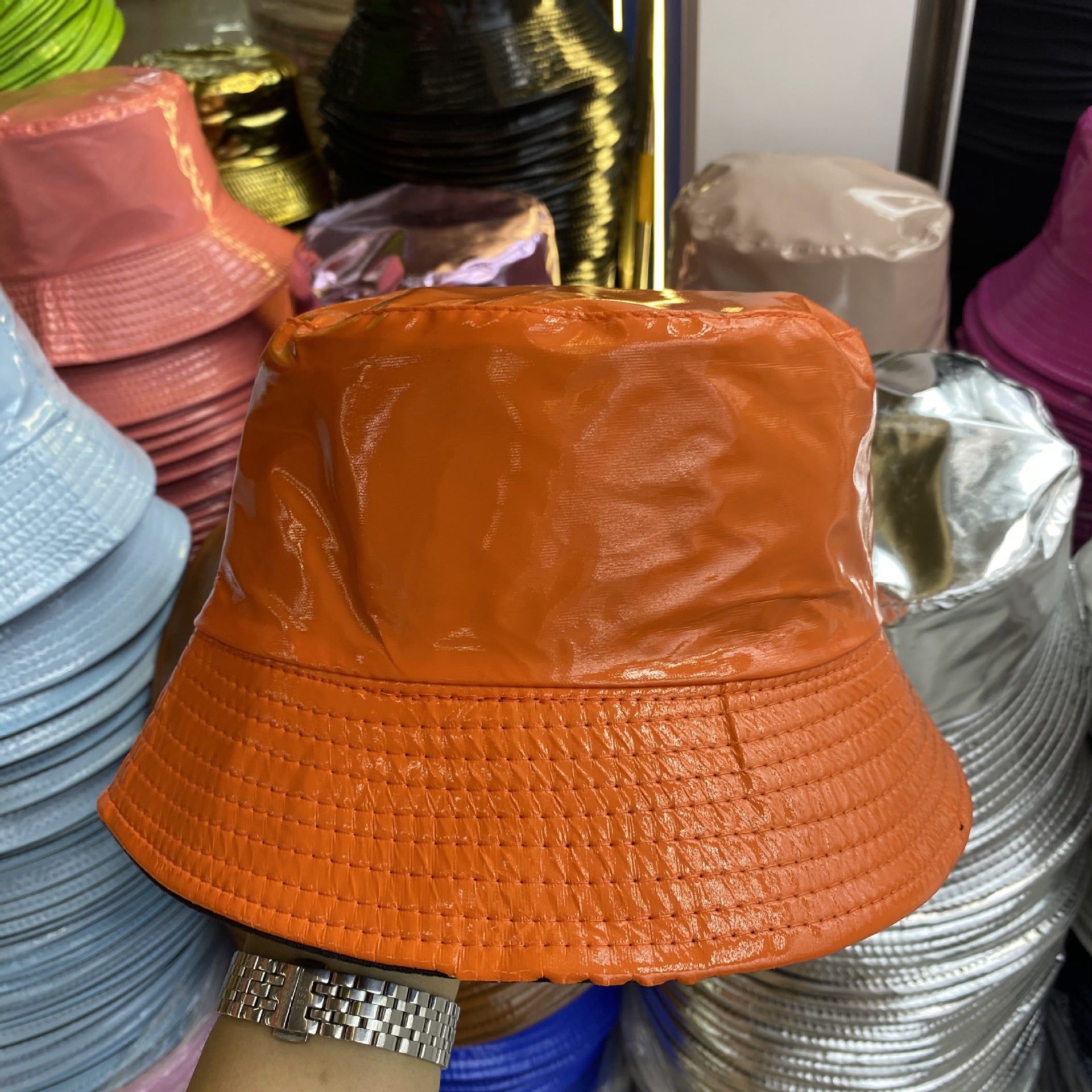 Wholesale of Solid Color Patent Leather with Polyester Fisherman Hats on Both Sides