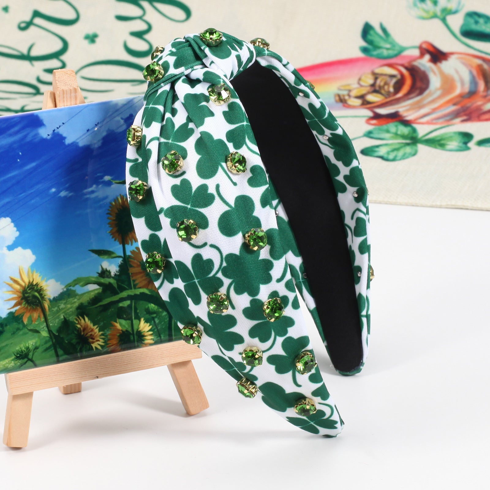 Wholesale Rhinestone inlaid three-leaf clover four-leaf clover wine glass party knotted women's headband