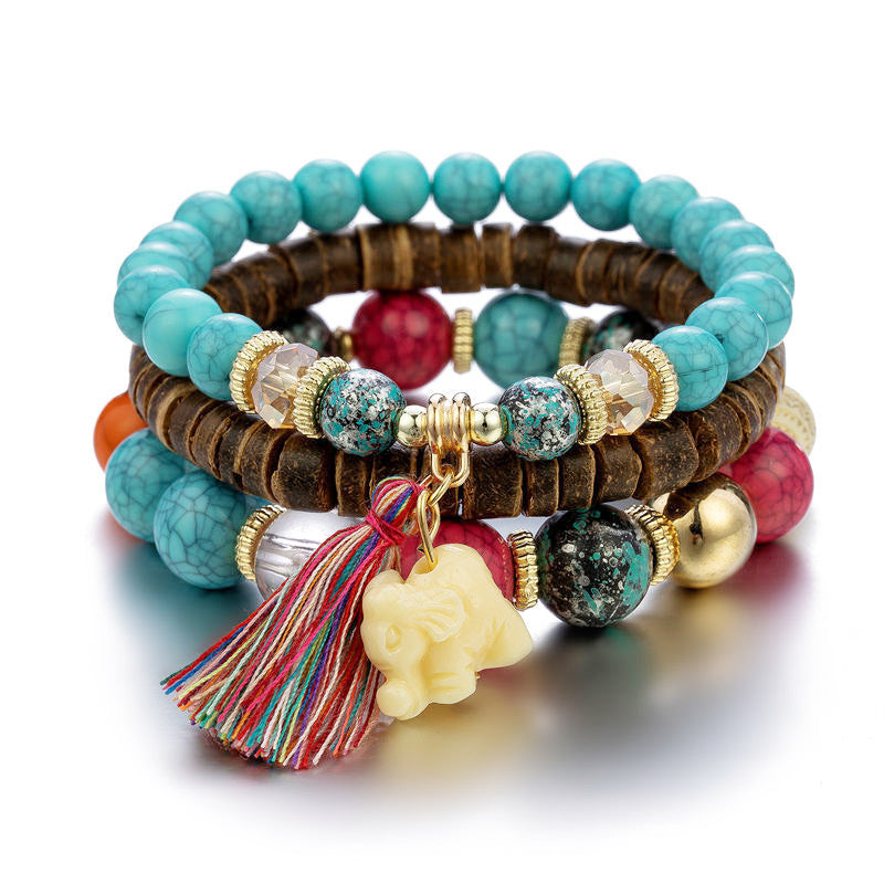 Wholesale Bohemian Trendy Ethnic Style Elephant Tassel Wood Bead Multi Layer Temperament Bracelet