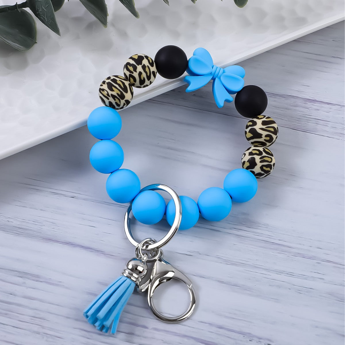 Wholesale Colorful Bow Leopard Print Silicone Beaded Tassel Bracelet Keychain