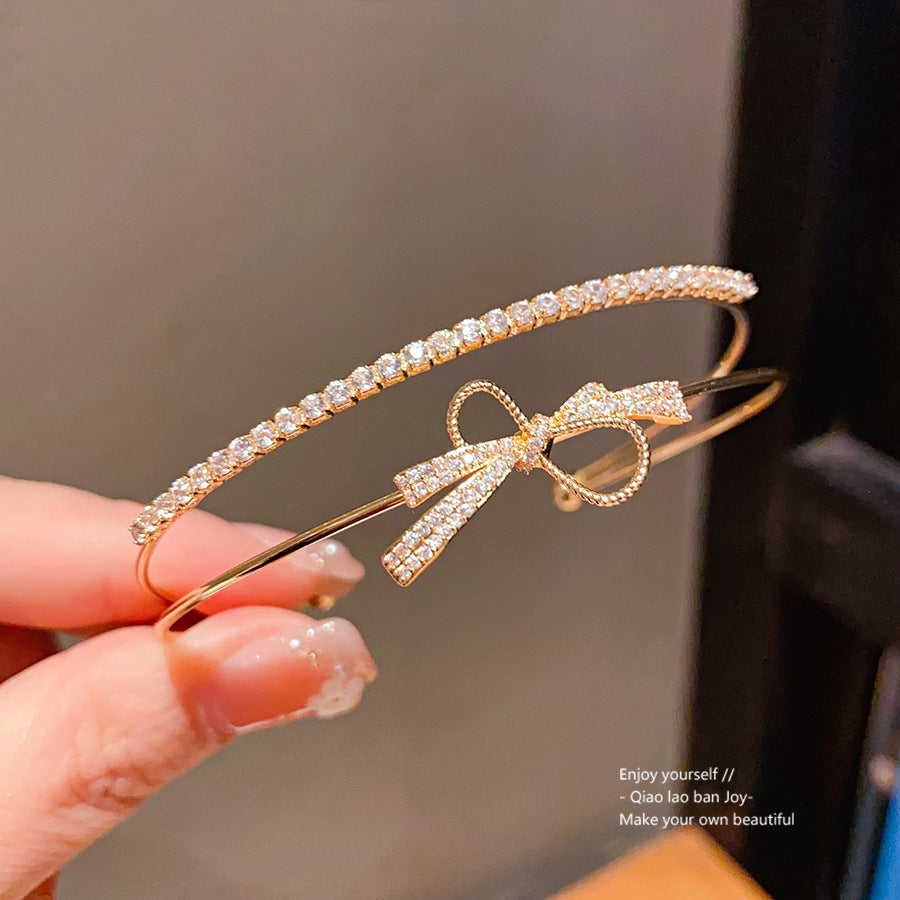 Wholesale Gold silver zircon bow double layered open bracelet